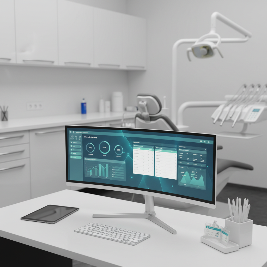 Un monitor panorámico de alta resolución en primer plano mostrando un panel de control de software dental con gráficos de productividad, agenda organizada y estadísticas de pacientes en tonos azules y verdes suaves. A su alrededor, sobre una superficie blanca mate, se ven una tableta, un teclado minimalista y un pequeño organizador con credenciales plásticas vacías y lápices alineados milimétricamente. La escena está en un despacho moderno de clínica dental, con gabinetes blancos brillantes y equipo odontológico desenfocado al fondo. Iluminación de estudio suave y uniforme que elimina reflejos fuertes, generando un ambiente calmado y eficiente. Toma en ligero ángulo elevado, profundidad de campo media para mantener nítidos los dispositivos, con estética fotográfica limpia y tecnológica.
