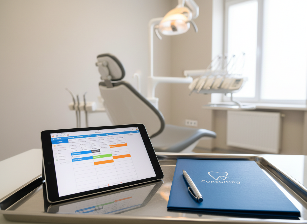 Un gabinete dental moderno visto vacío, donde el sillón odontológico blanco y gris se observa al fondo ligeramente desenfocado, mientras en primer plano una tablet apoyada sobre una bandeja metálica muestra la agenda digital de la clínica, organizada con bloques de color y notas claras. Sobre la bandeja también hay una carpeta azul impecable con el logo de consultoría dental y un bolígrafo cromado alineado. La iluminación proviene de la lámpara clínica superior, combinada con luz natural difusa que entra por una ventana lateral, generando reflejos suaves en las superficies metálicas. Composición en ángulo ligeramente bajo apuntando hacia la tablet, con profundidad de campo reducida para resaltar la digitalización y la organización, en un estilo fotográfico realista y clínico pero acogedor.