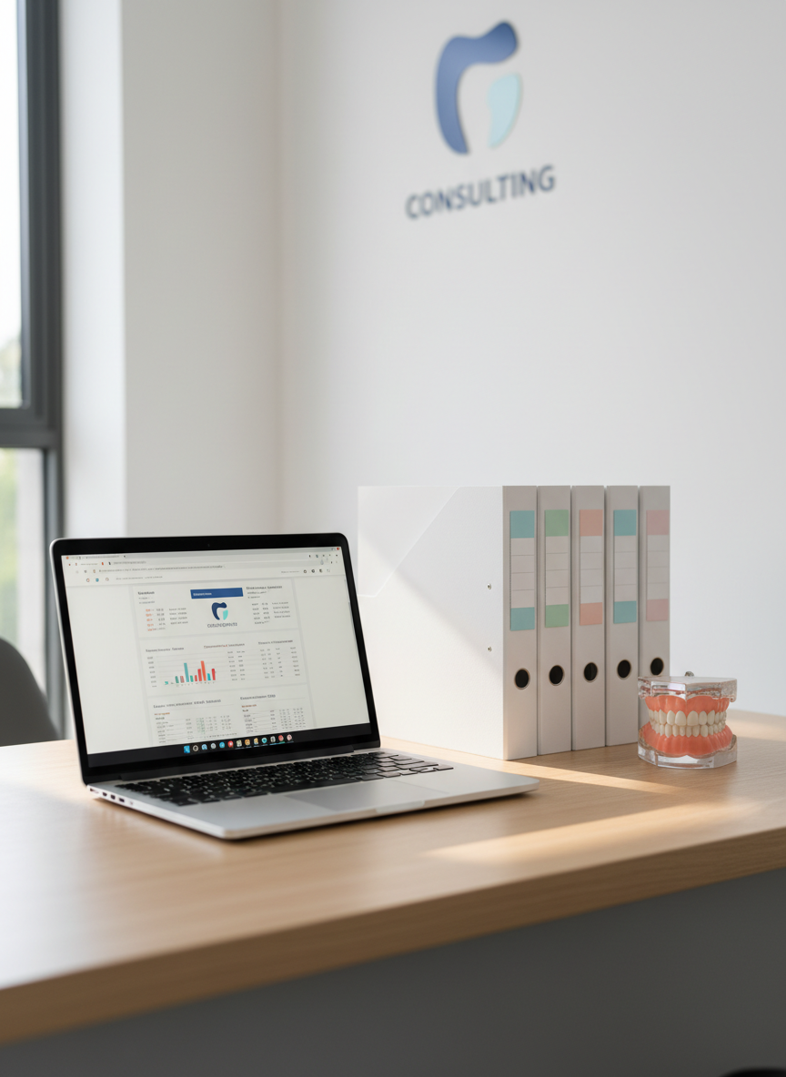 Un escritorio de consultoría dental impecablemente organizado visto en fotografía realista, con una laptop abierta mostrando un software de gestión de clínica dental en una pantalla nítida, junto a fichas clínicas ordenadas en carpetas blancas con etiquetas de colores suaves y un modelo anatómico de dientes de resina brillante. El escritorio de madera clara se sitúa frente a una pared blanca minimalista con un discreto logo azul y gris de consultoría. Luz natural suave de mañana entra por una ventana lateral, creando reflejos controlados en la pantalla y sombras delicadas. Composición a nivel de mesa, regla de tercios, fondo ligeramente desenfocado para transmitir enfoque, profesionalismo y orden. Estilo limpio, moderno, corporativo y fotográfico.