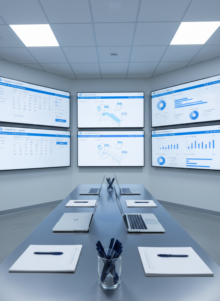 Una sala de control de datos para clínica dental sin personas, con varias pantallas montadas en la pared mostrando diferentes módulos de software: agenda de citas, mapa de sillones ocupados, indicadores de cobranzas y reportes de producción, todo diseñado en interfaces limpias de colores azules, blancos y grises. En el centro, una mesa alargada de superficie gris satinada con varias laptops cerradas, blocs de notas en blanco y un vaso translúcido con bolígrafos azul marino. Iluminación fría y homogénea proveniente de paneles LED en el techo, creando un ambiente altamente profesional, ordenado y tecnológicamente avanzado. Composición en ángulo amplio a la altura de los ojos, con líneas de perspectiva que convergen hacia las pantallas, estilo fotográfico corporativo.