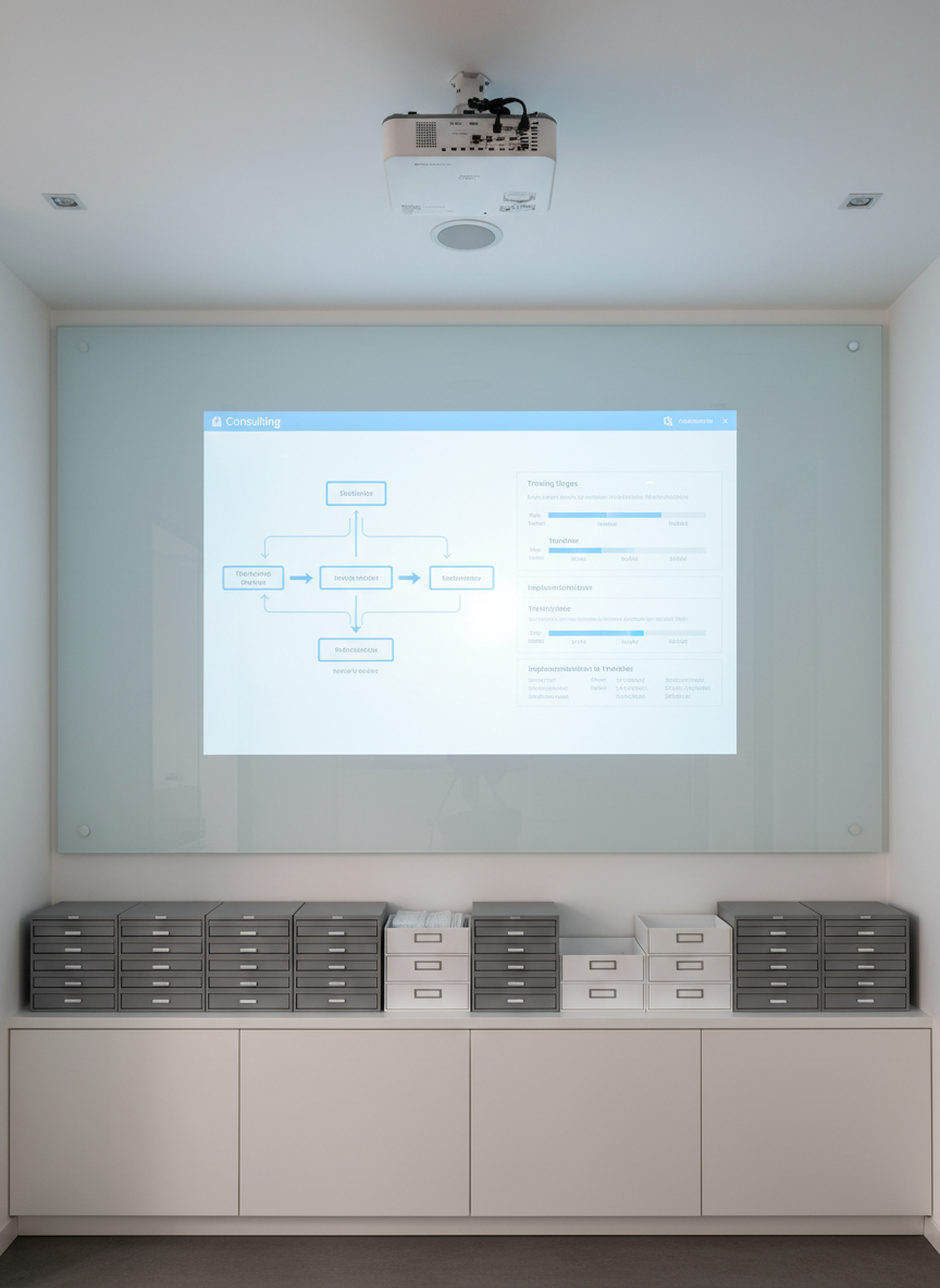 Una pared de planificación de una clínica dental sin personas, con un gran panel de vidrio esmerilado montado, donde se proyecta desde un proyector de techo la interfaz de un software de consultoría: diagrama de flujos de trabajo, etapas de capacitación y cronograma de implementación en tonos azules y celestes. Bajo el panel, un mueble bajo blanco con archivadores grises perfectamente alineados y cajas organizadoras etiquetadas. La luz principal es tenue y proviene del proyector, creando un brillo nítido sobre el vidrio y un ambiente concentrado y estratégico, complementado por una suave iluminación indirecta en el techo. Toma frontal a nivel de los ojos, composición simétrica que transmite estructura, planificación y método, con estética fotográfica corporativa y minimalista.